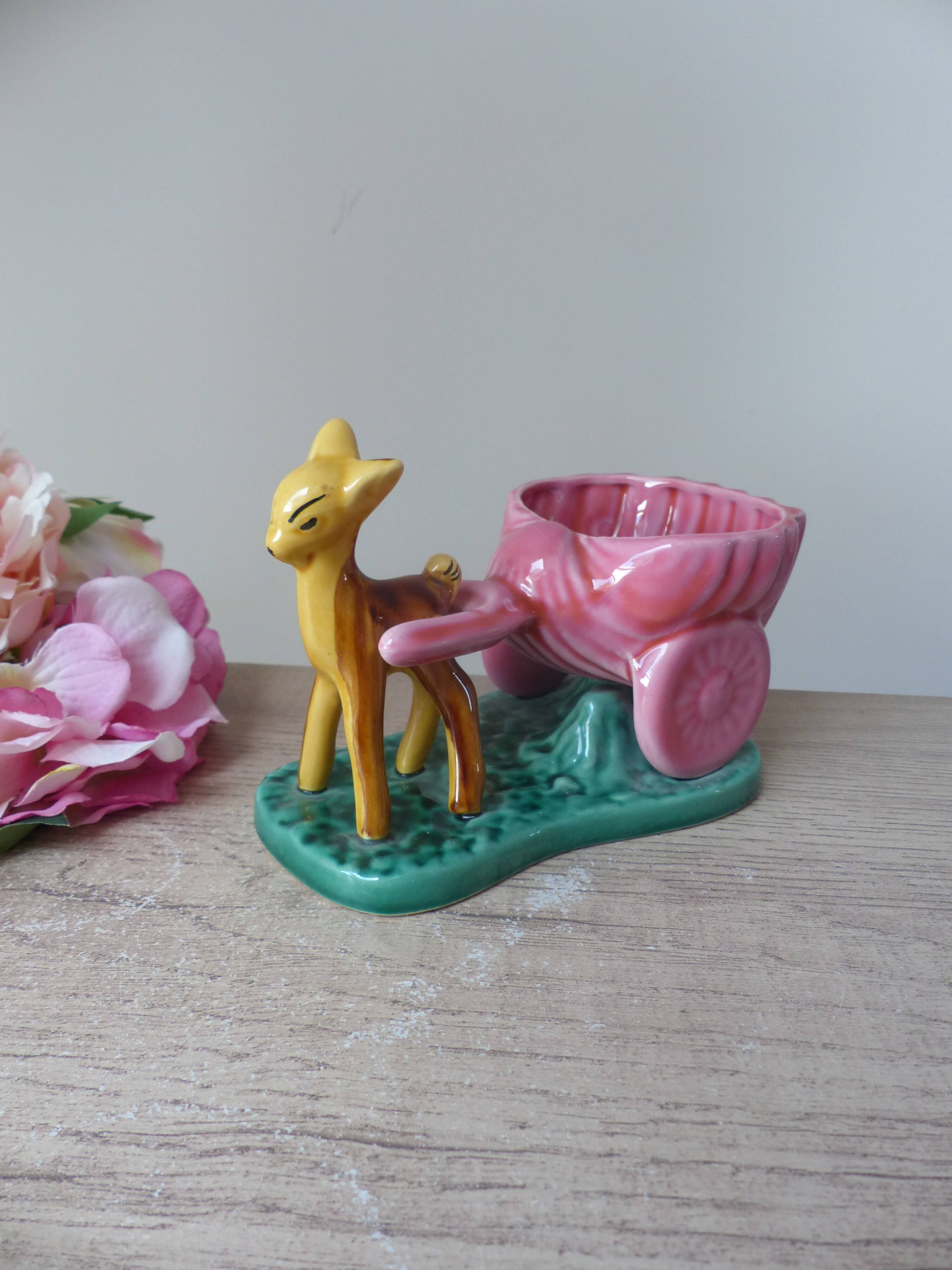Pot, vase, small doe fawn planter pulling a vintage ceramic cart