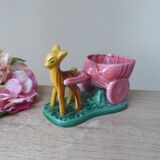 Pot, vase, small doe fawn planter pulling a vintage ceramic cart