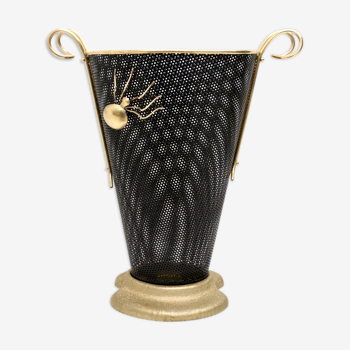 Mid-century Black Varnished Metal Umbrella Stand with a Brass Spider, Italy