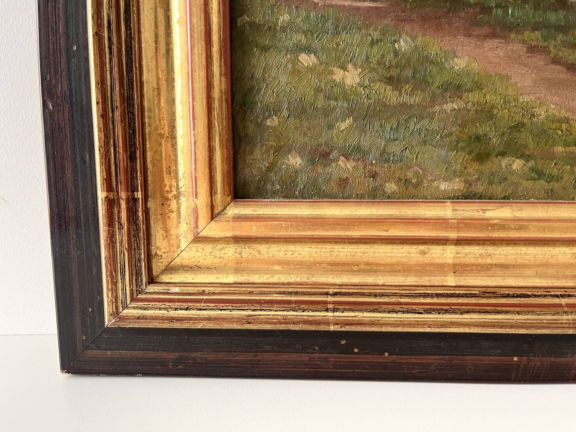 Authentic oil on canvas of a landscape with barges, view of the Seine.