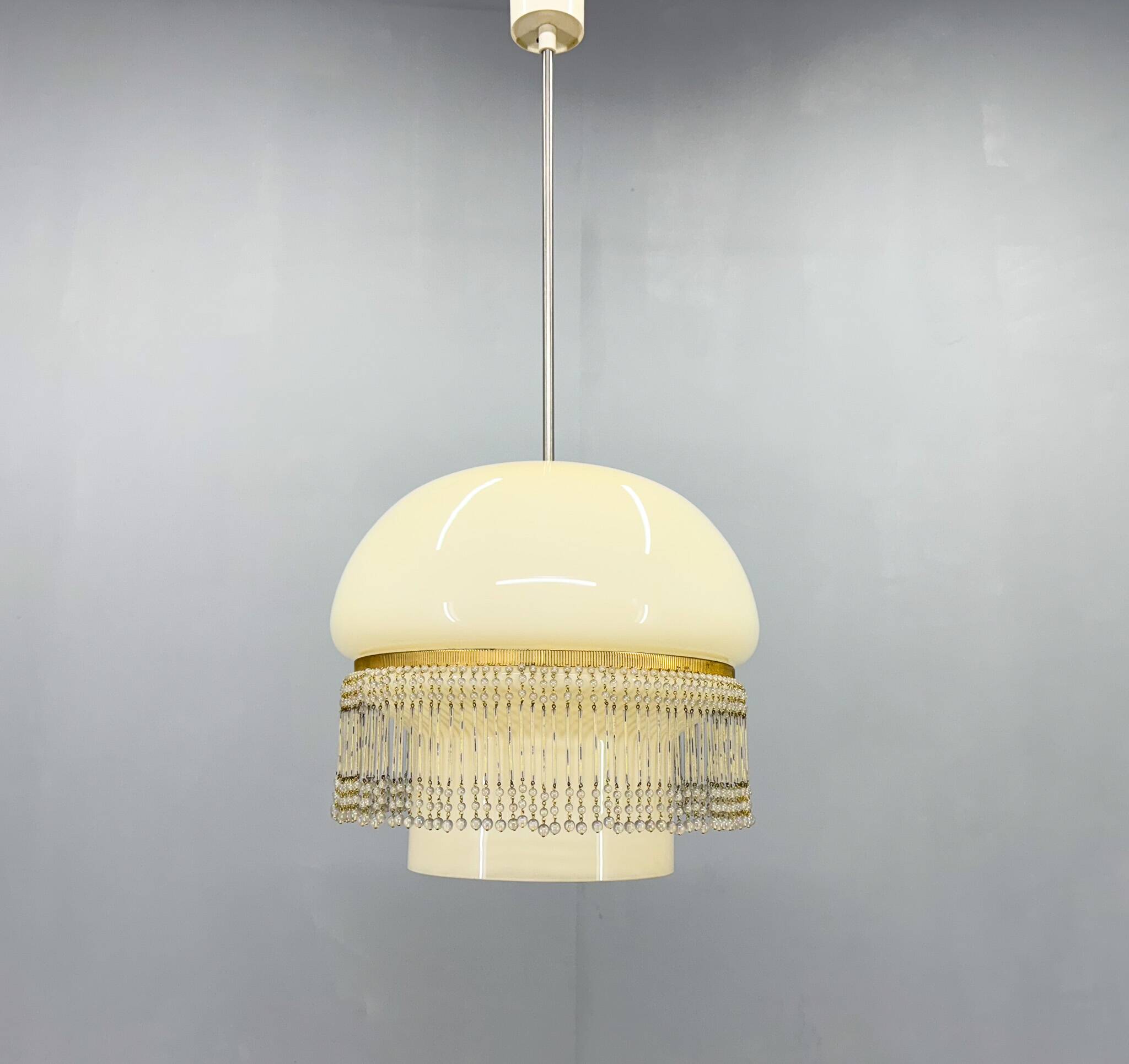 Mid-Century Opaline Glass Pendant Light with Brass Detail & Beads