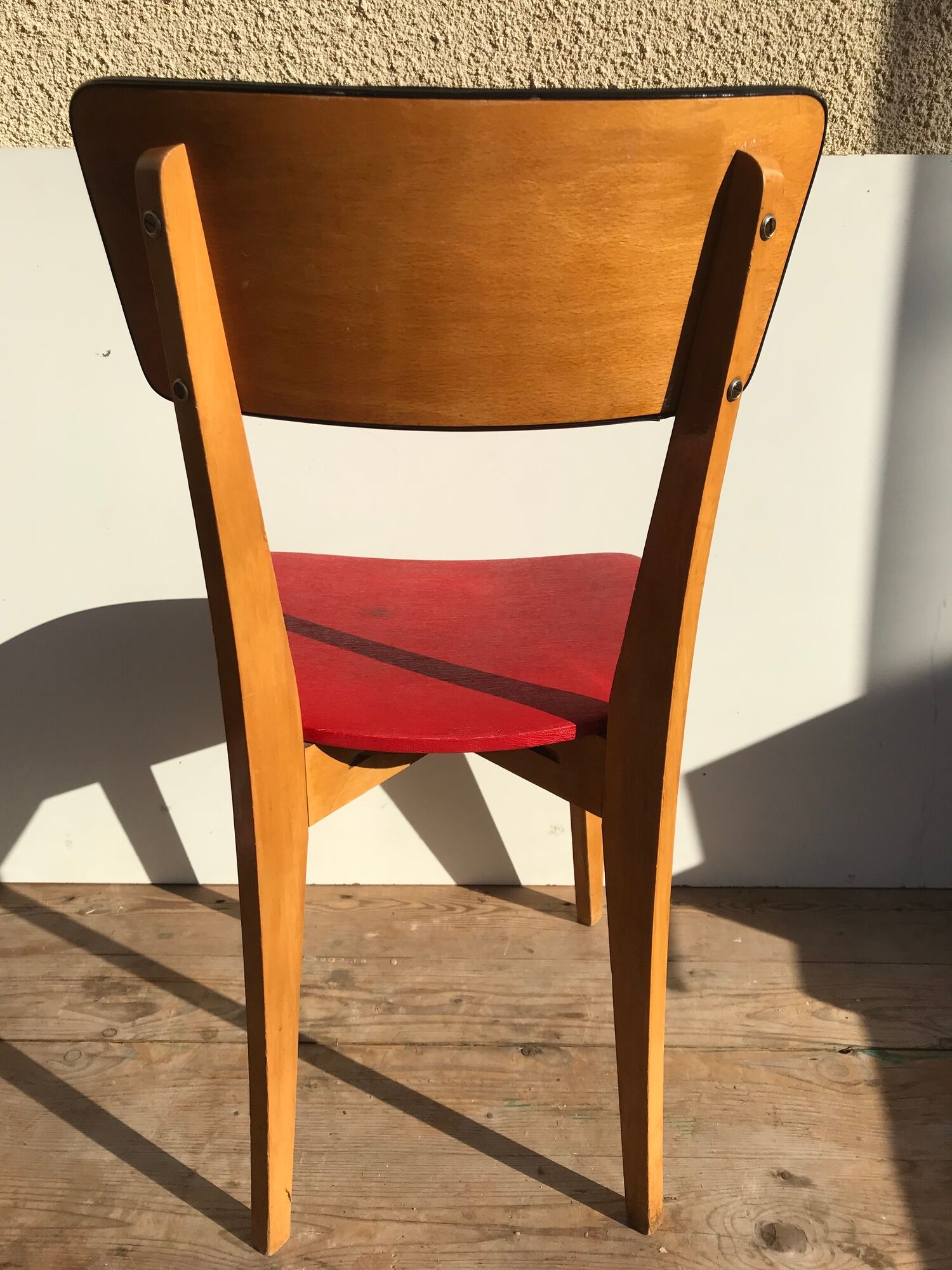 Old wood & vinyl red 60s vintage scandinavian chair