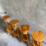 Vintage tripod workshop stool in pitchpin with height-adjustable screws