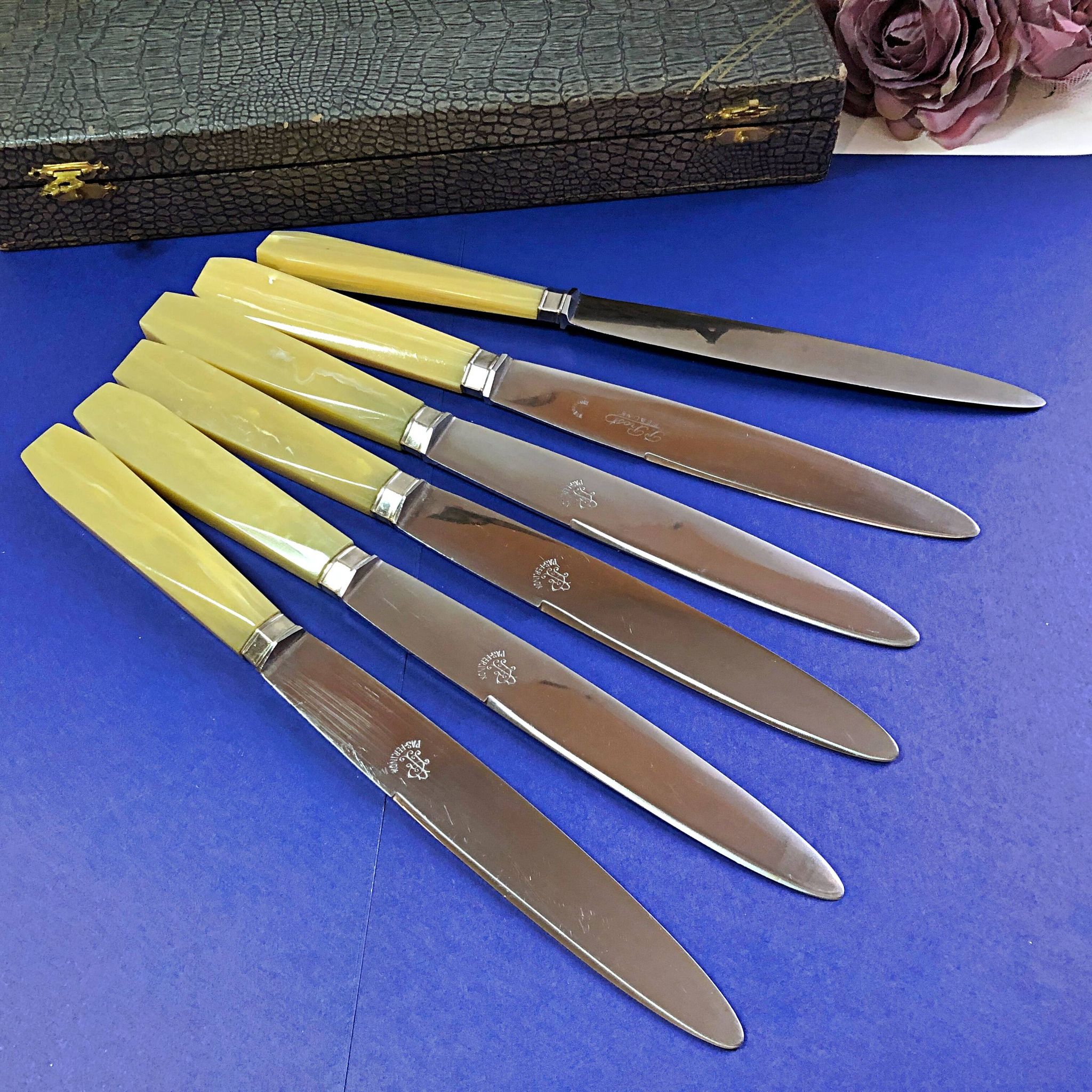 Coffret de 6 couteaux de table manche bakélite France début XXe