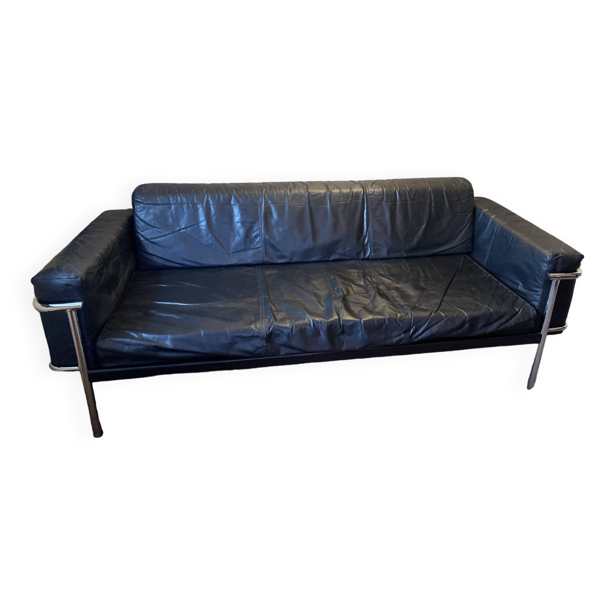 Vintage Black Leather and Chrome Sofa