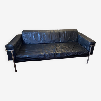 Canapé Vintage en Cuir Noir et Chrome