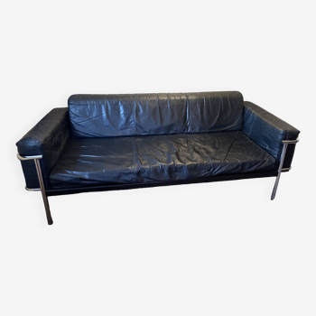 Vintage Black Leather and Chrome Sofa