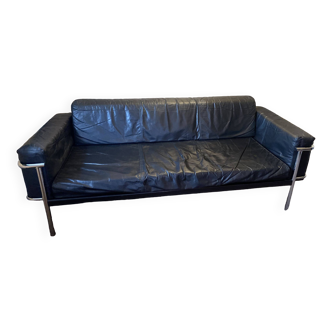 Vintage Black Leather and Chrome Sofa