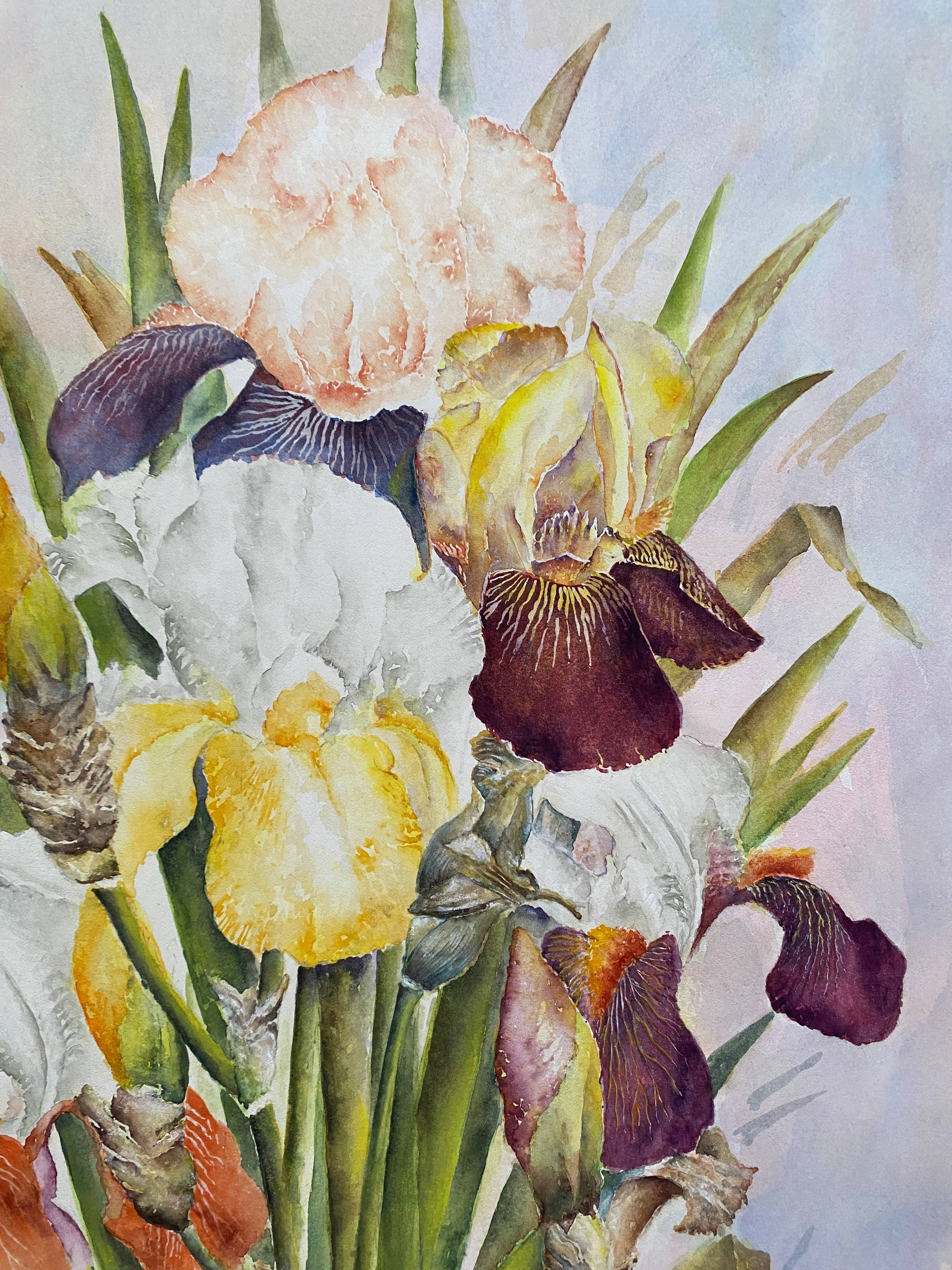 Tableau aquarelle naturaliste "Les Iris" signée B. Thierry 1995
