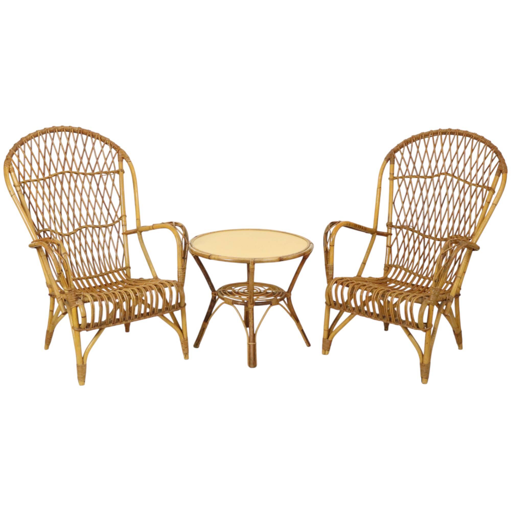 Vintage Set Rattan Chairs Armchairs Table Boho Design Sixties