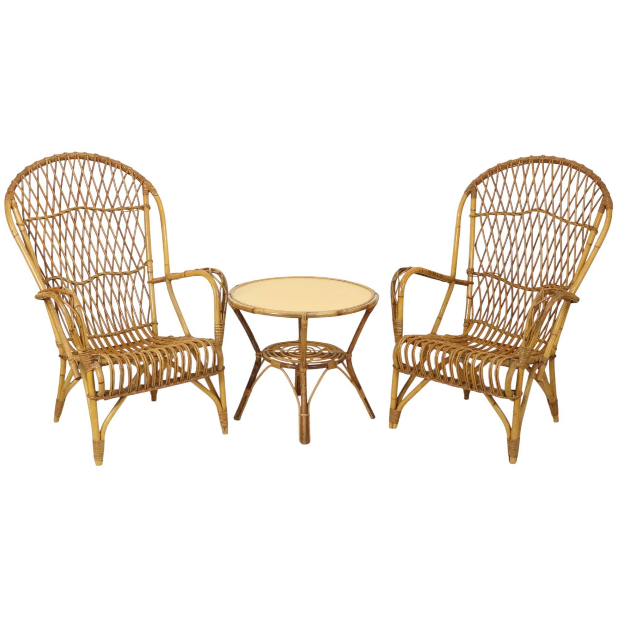 Vintage Set Rattan Chairs Armchairs Table Boho Design Sixties