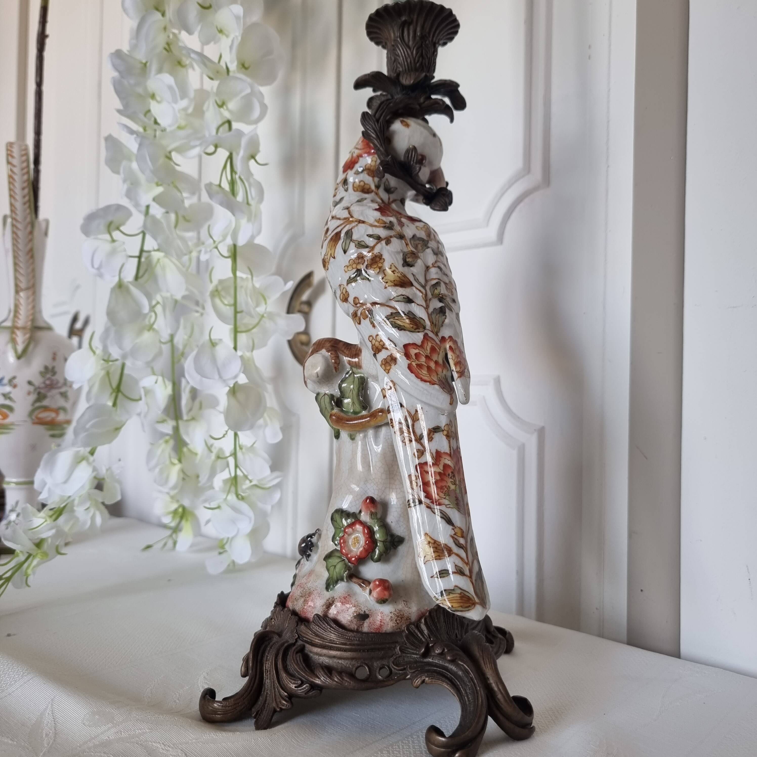 Parrot Candle Holder, Enameled Porcelain and Bronze, Late 19th Century