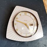 Vintage formica clock silent asymmetrical wall pendulum "Bayard wood lines"