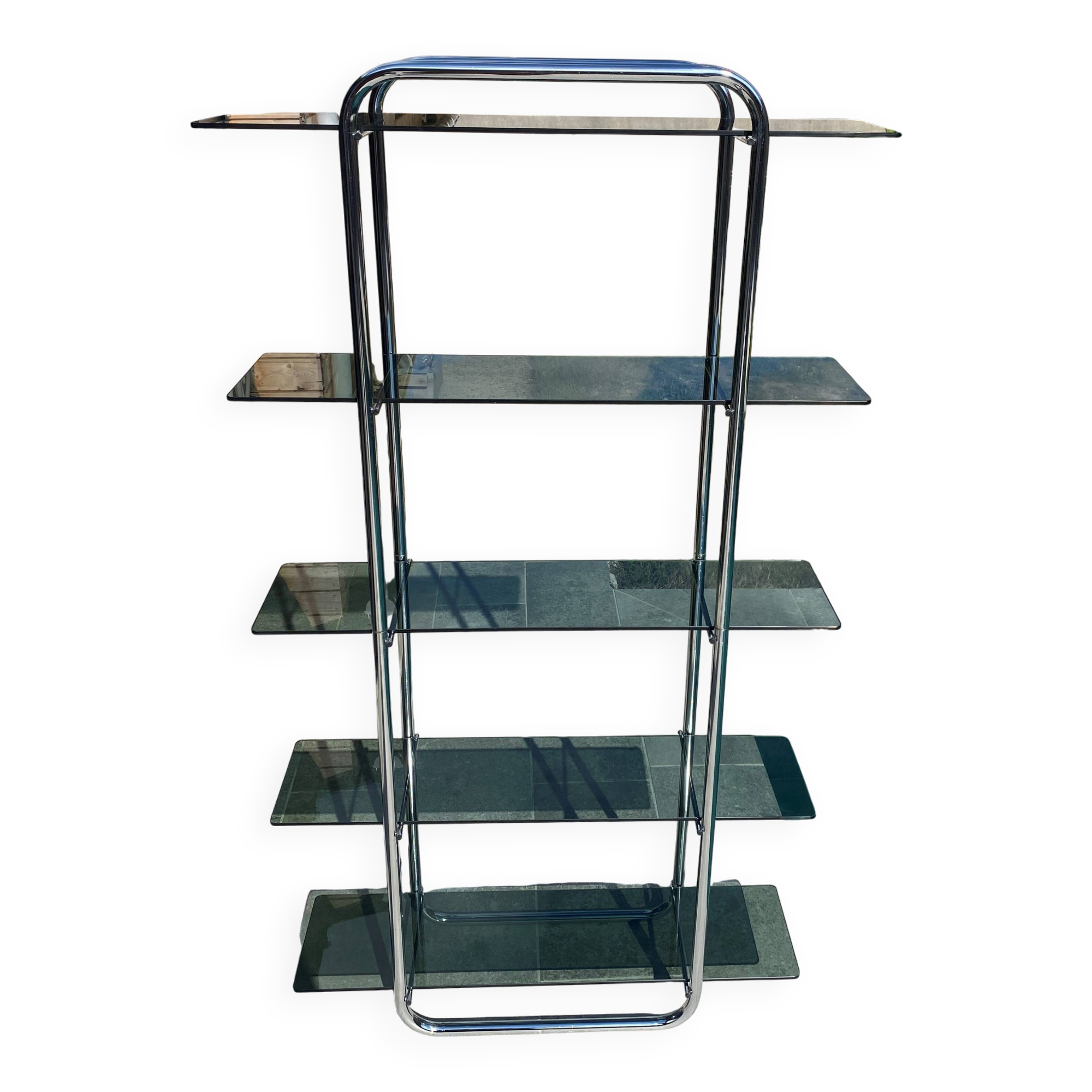 Bauhaus style bookcase with modular wall shelf, glass and chrome
