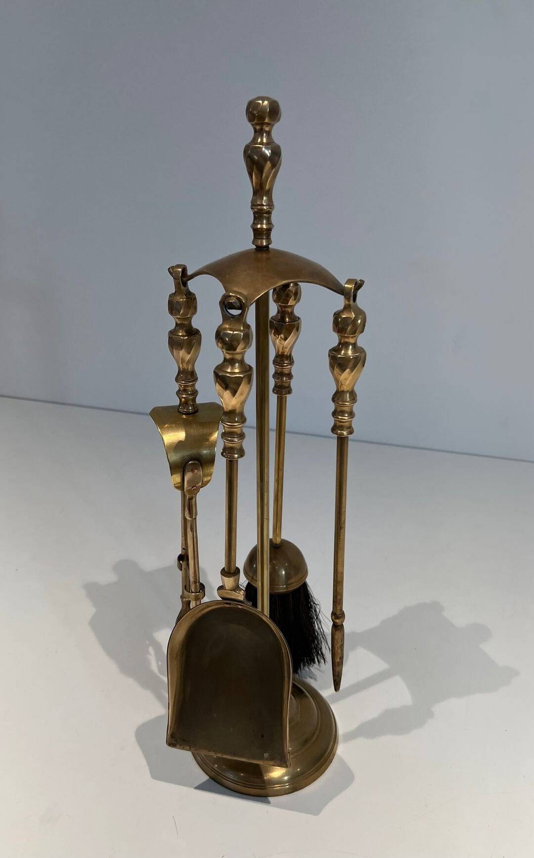 Neoclassical Brass Fire Tool Set with Arch and Ornate Balls.