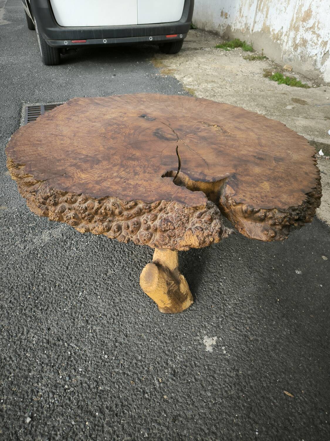 Brutalist coffee table in solid elm burl 108 cm diameter