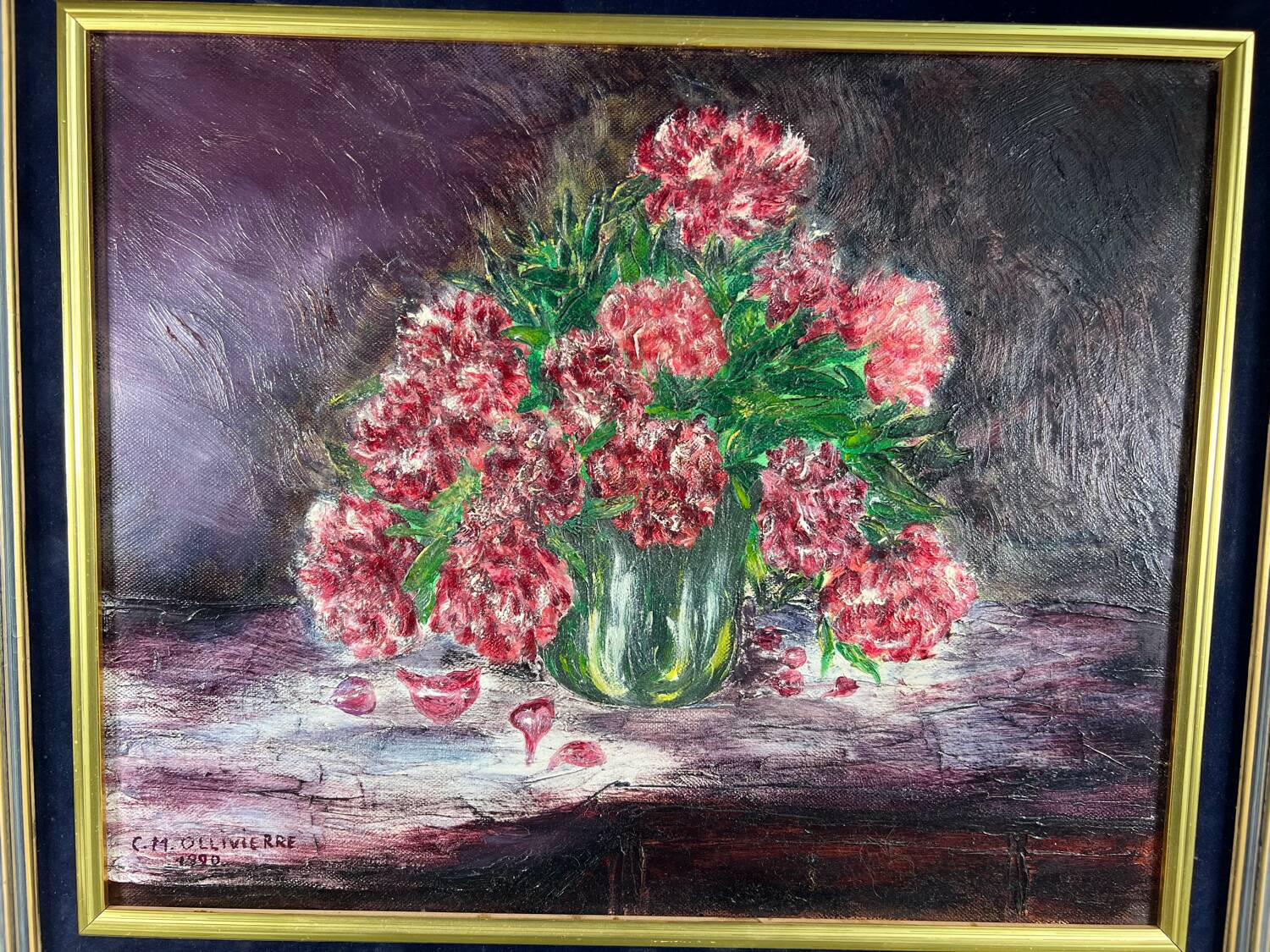 Painting painting bouquet of red peony flowers