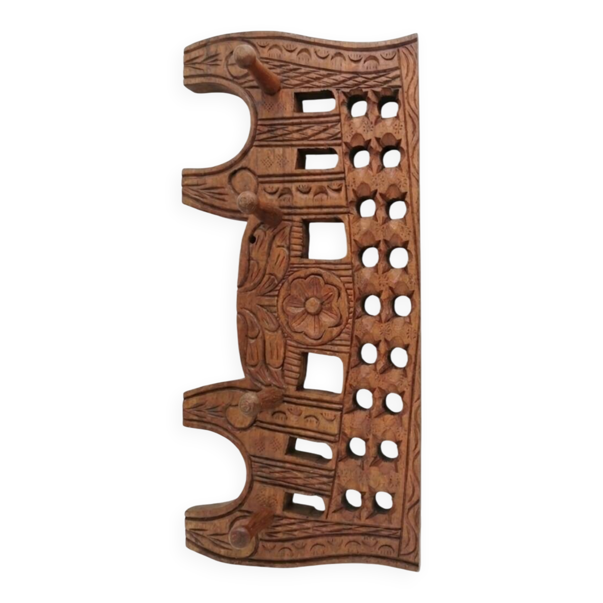 Wall-mounted coat rack carved from exotic solid wood – Ethnic craftsmanship &