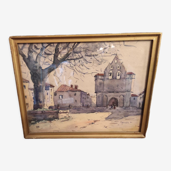 Vintage French watercolour of a village with a church, signed, from 1931