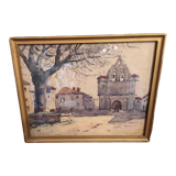 Vintage French watercolour of a village with a church, signed, from 1931