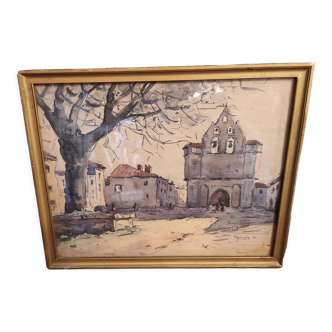 Vintage French watercolour of a village with a church, signed, from 1931