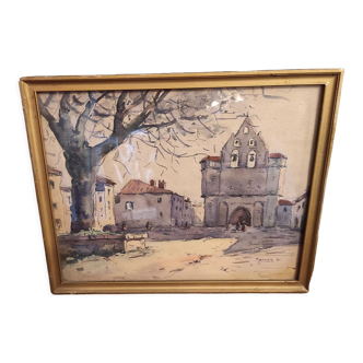 Aquarelle française d’époque d’un village avec une église, signée, de 1931