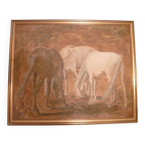 Unframed canvas painting "Horses" signed L. Grun in its frame