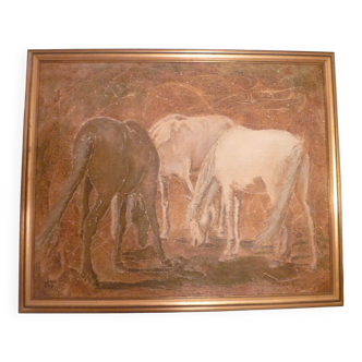 Unframed canvas painting "Horses" signed L. Grun in its frame