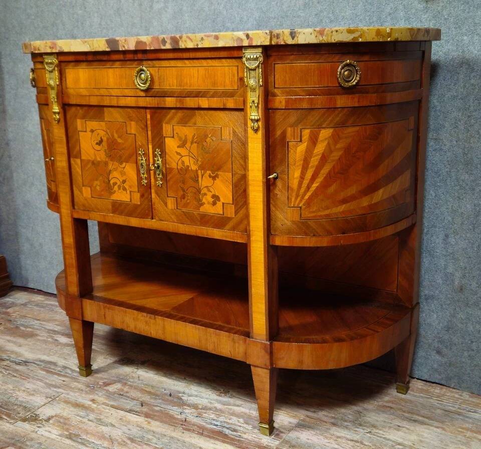 Commode / Half-moon sideboard inlaid – Marble top – Louis XVI style -