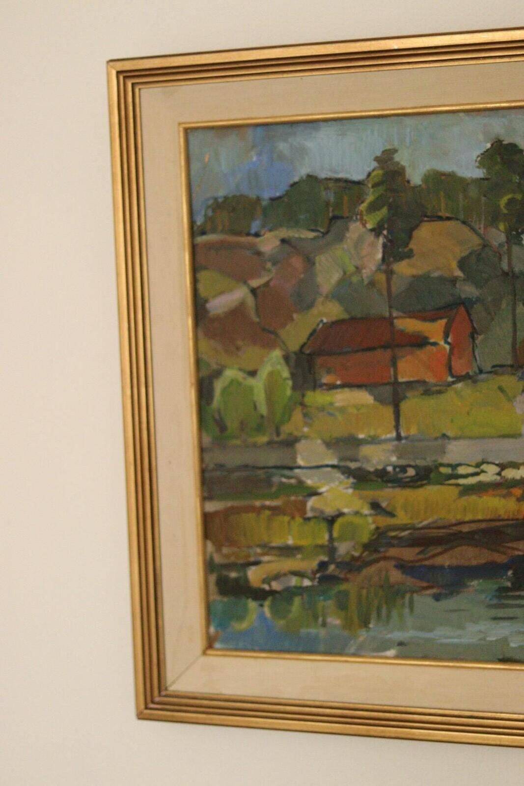 Original Swedish Oil On Panel – "Village" By Bertil Lundqvist – Signed – Vintage & Framed