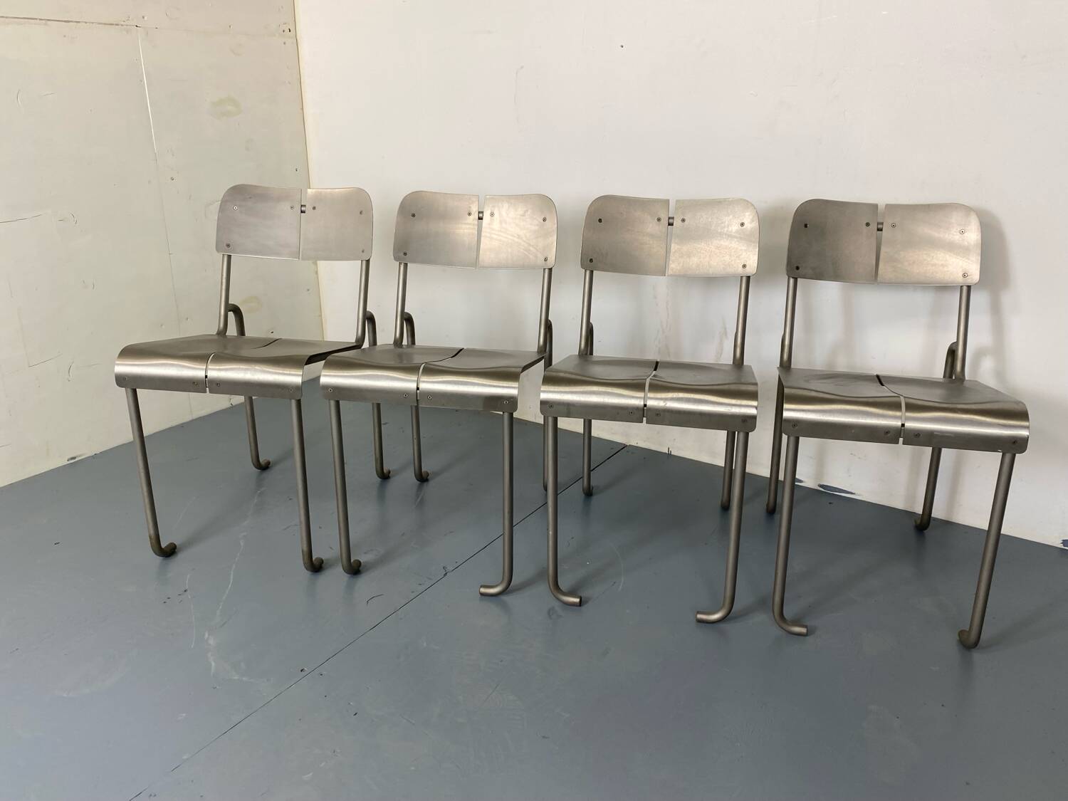 Memphis Architectural Stainless Steel French Dining Chairs, 1980s Set of 4