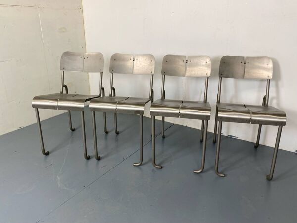 Chaises de salle à manger françaises Memphis Architectural en acier inoxydable, lot de 4, années 1980