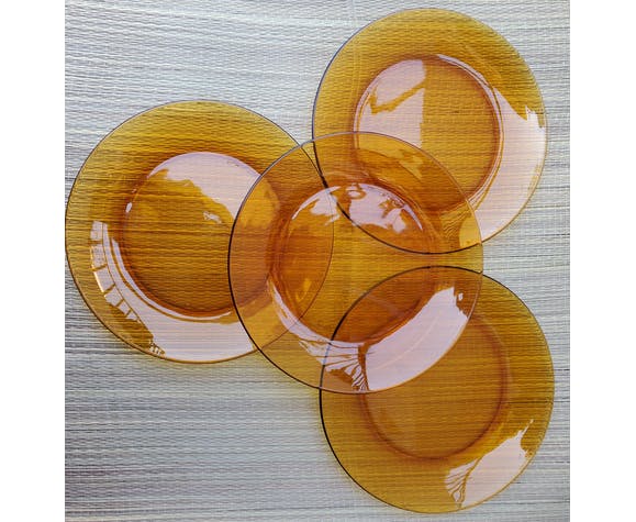 Set of 4 amber glass flat plates, 70s
