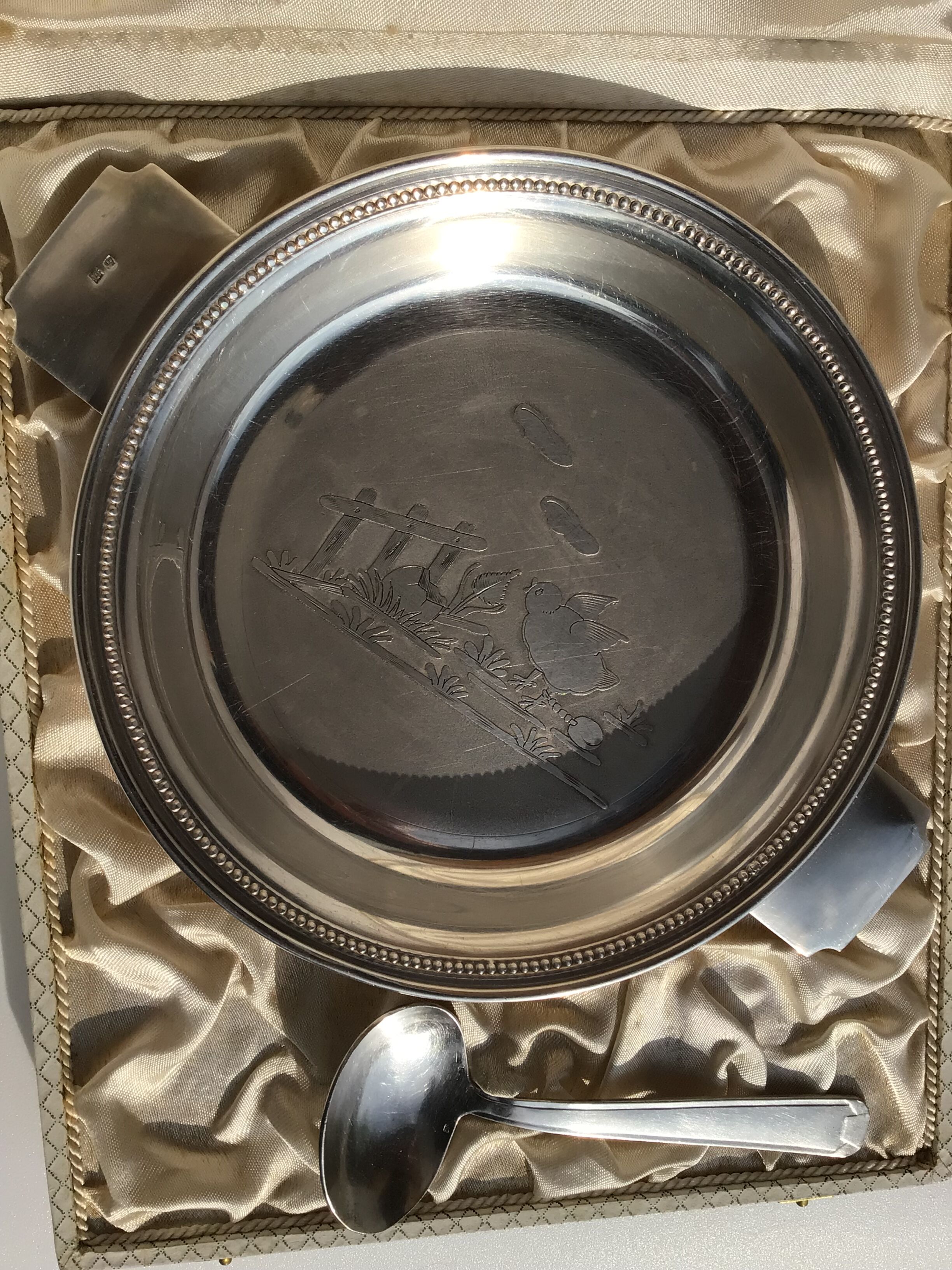 Baby plate silver metal spoon silver 30s