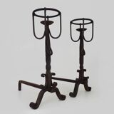 Pair of wrought iron andirons with 19th century fireplace set