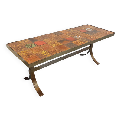 Table basse rectangulaire vintage Roche-Bobois en acier et céramique