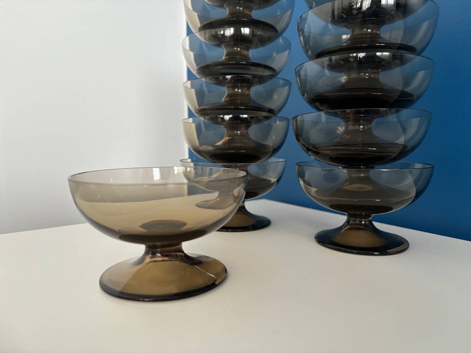 Set of 6 Vintage 1970s French Bistro Style Smoked Glass Sorbet Ice Cream Cups