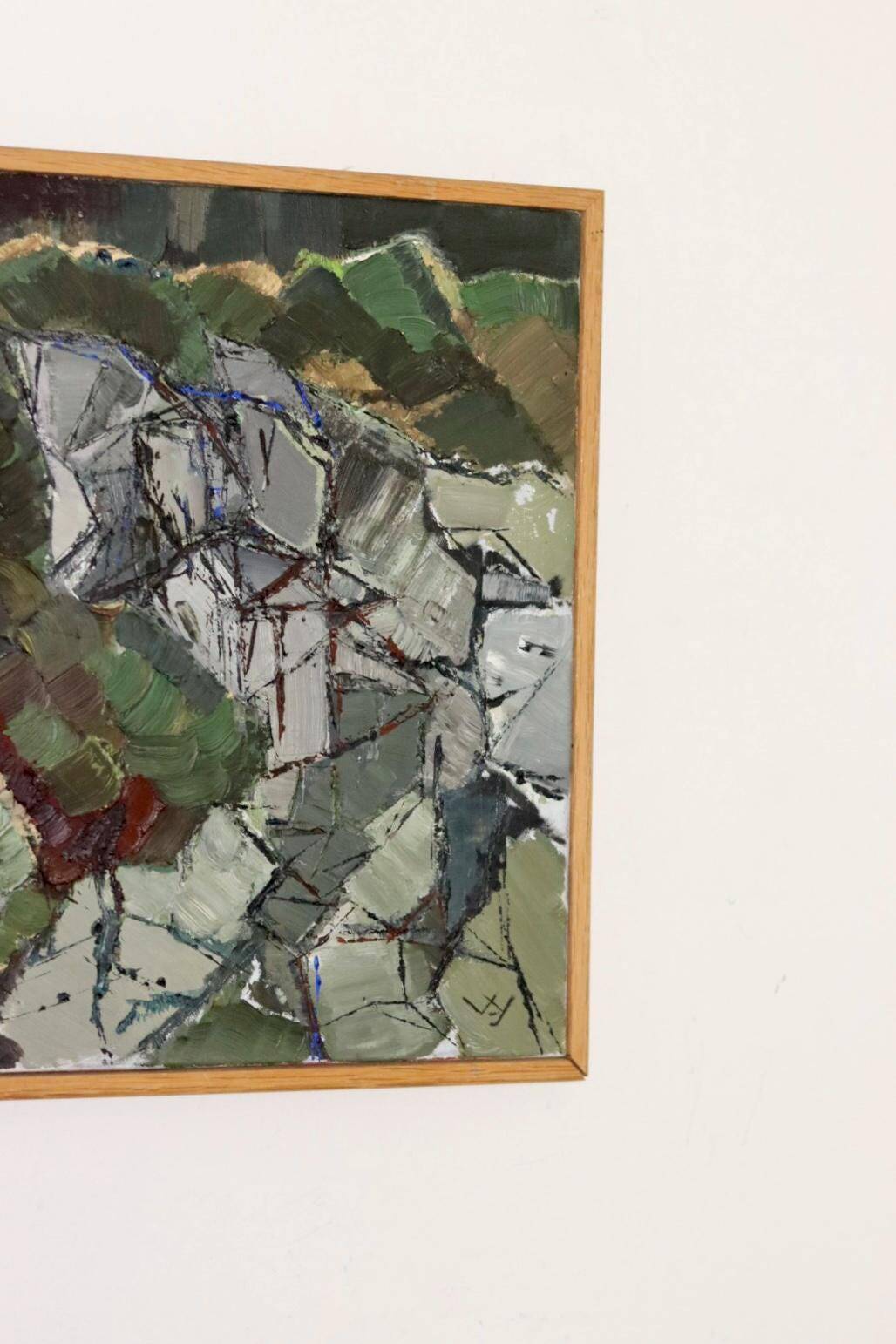 Swedish Oil On Canvas Painting "Composition in Green" - Vintage & Framed