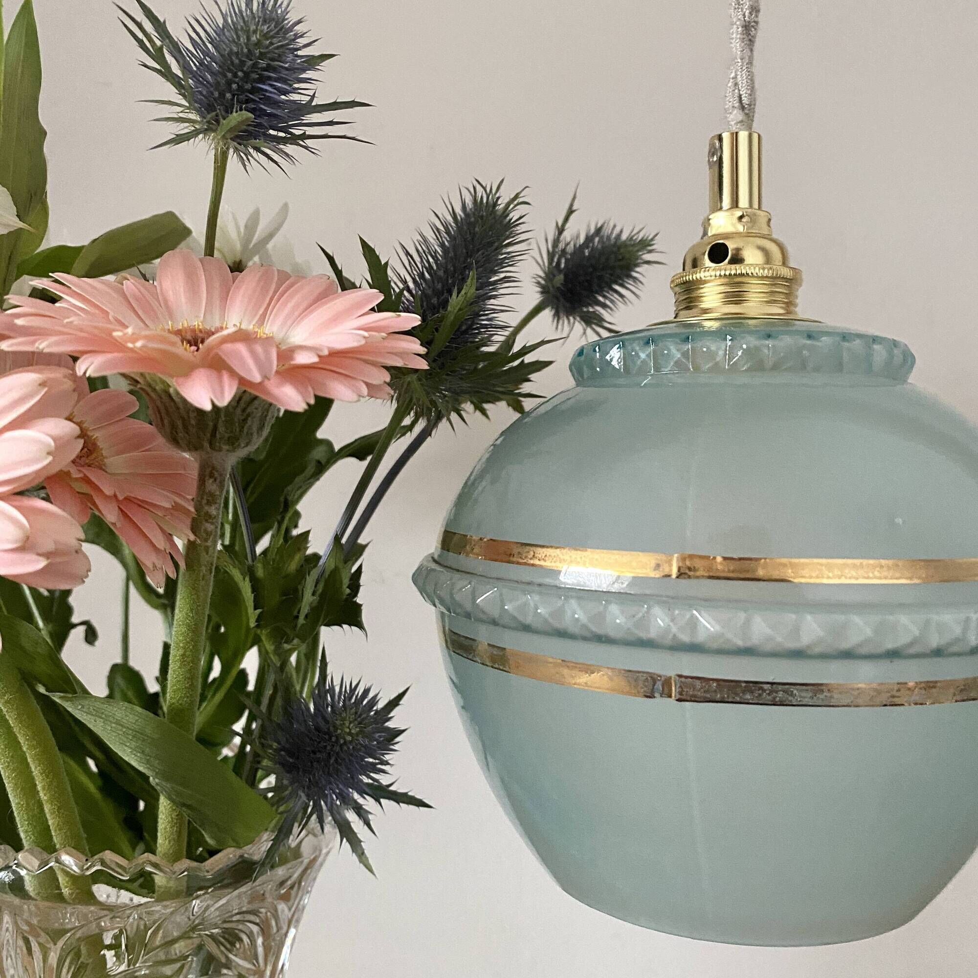 Vintage art deco tulip pendant light in blue and gold glass