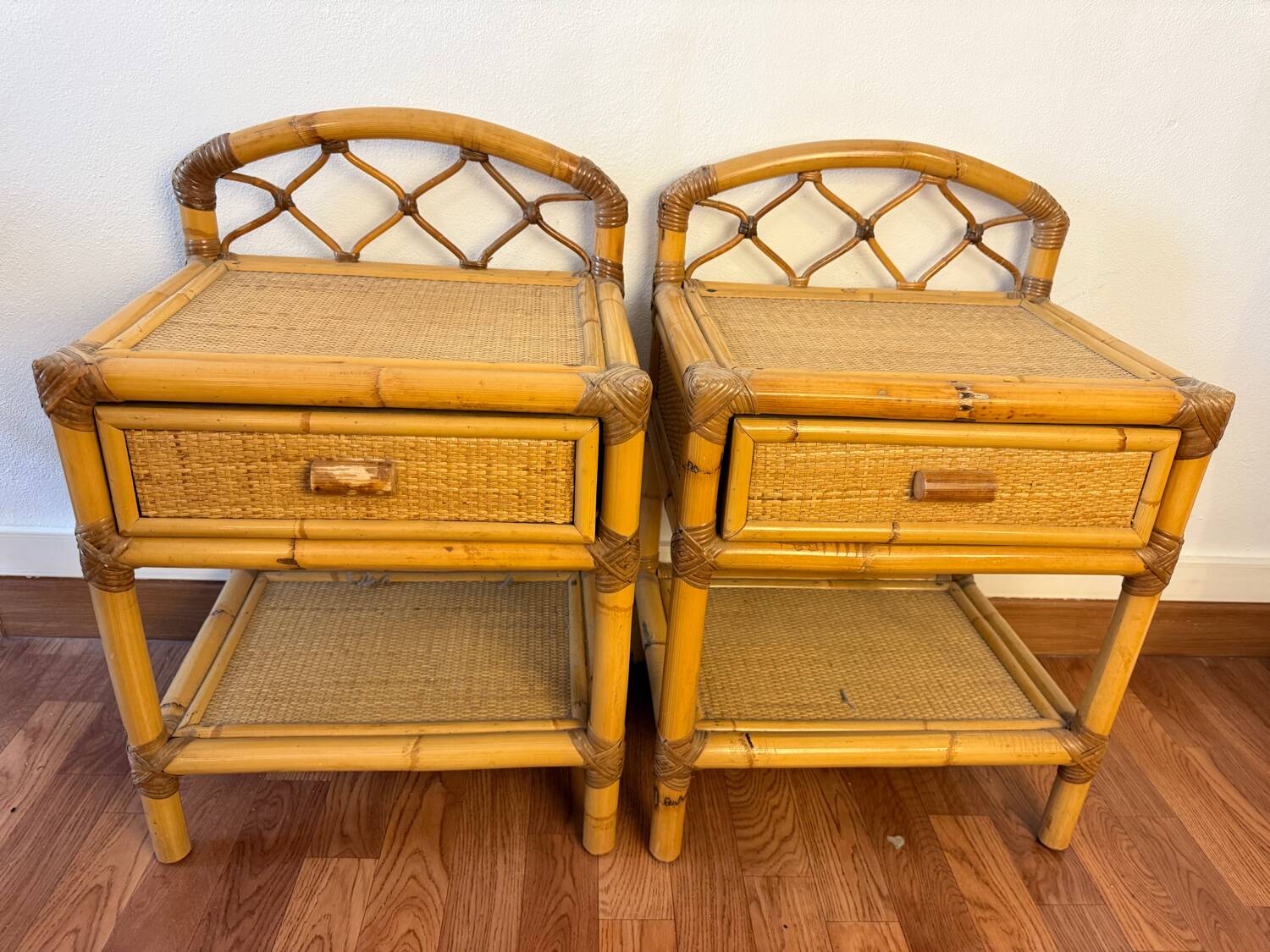 Pair of 1960s rattan bedside tables from France