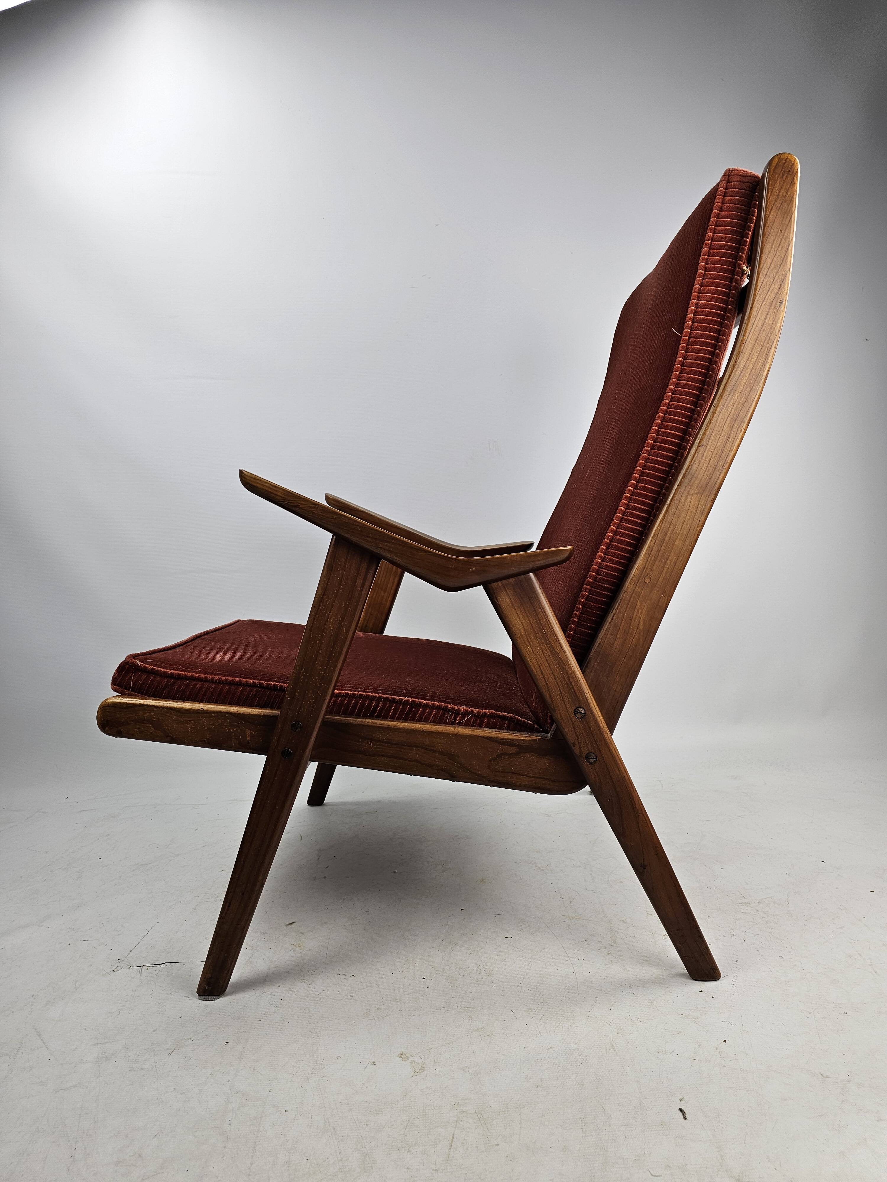 Teak armchair with red ribbed fabric Gelderlander Rob Parry