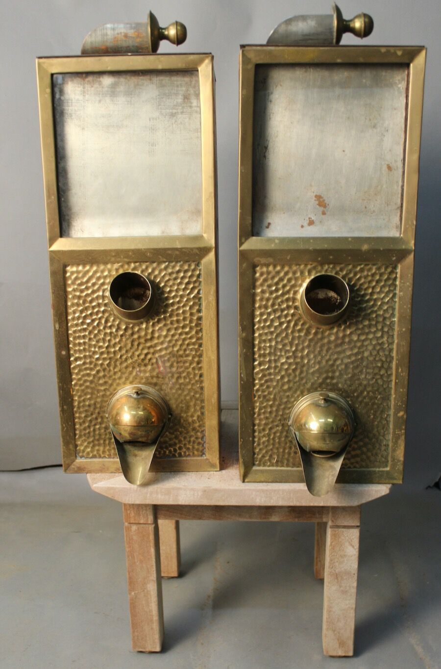 Pair of old coffee silos, coffee bean dispenser