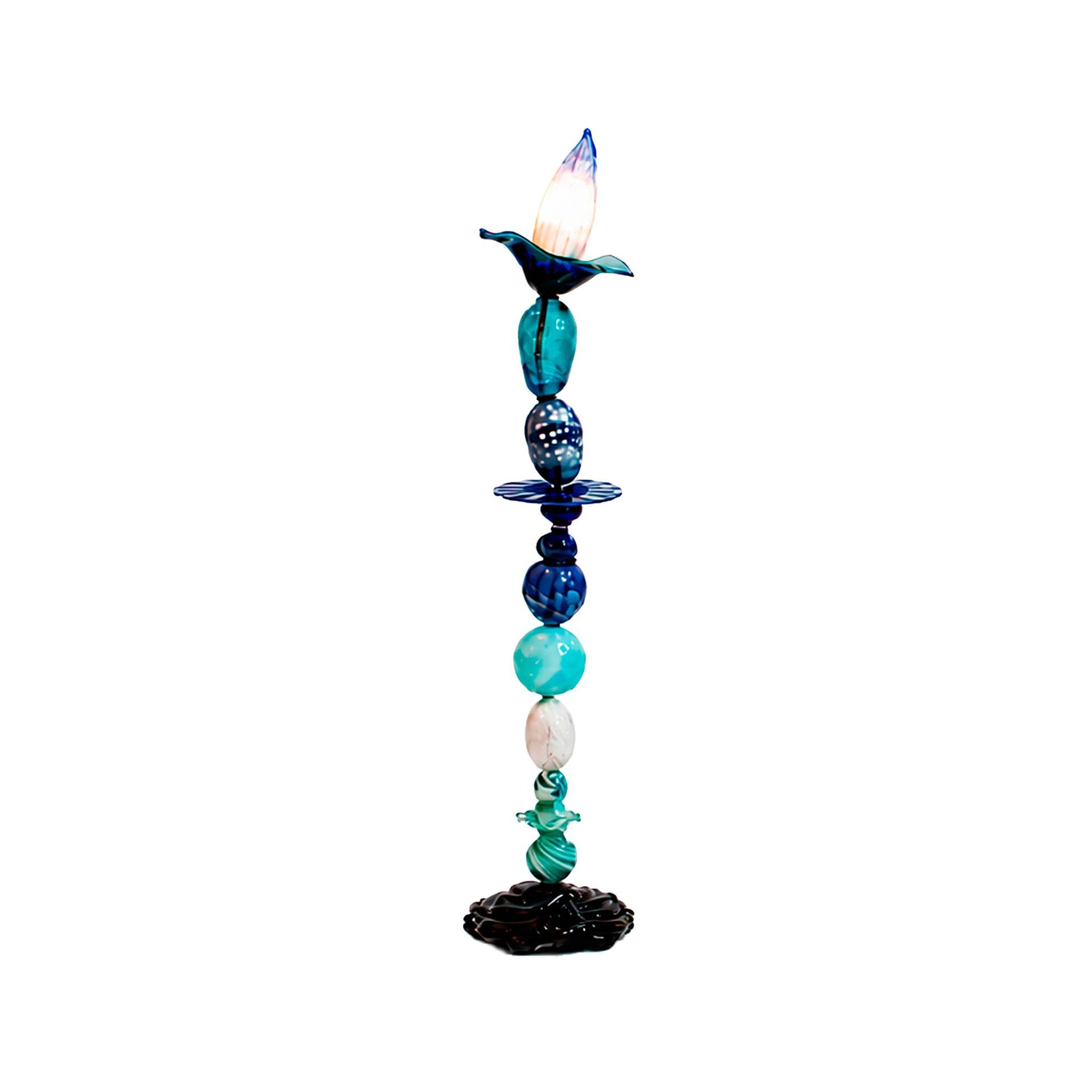 Set of three sculptural multicoloured glass floor lamps in a modernist style.