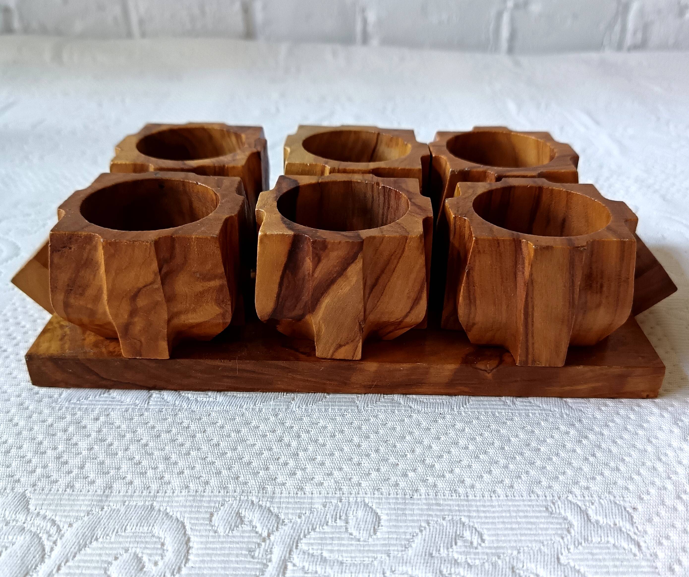 6 vintage egg cups on olive wood tray France