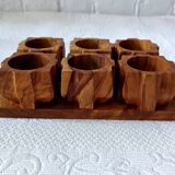6 vintage egg cups on olive wood tray France