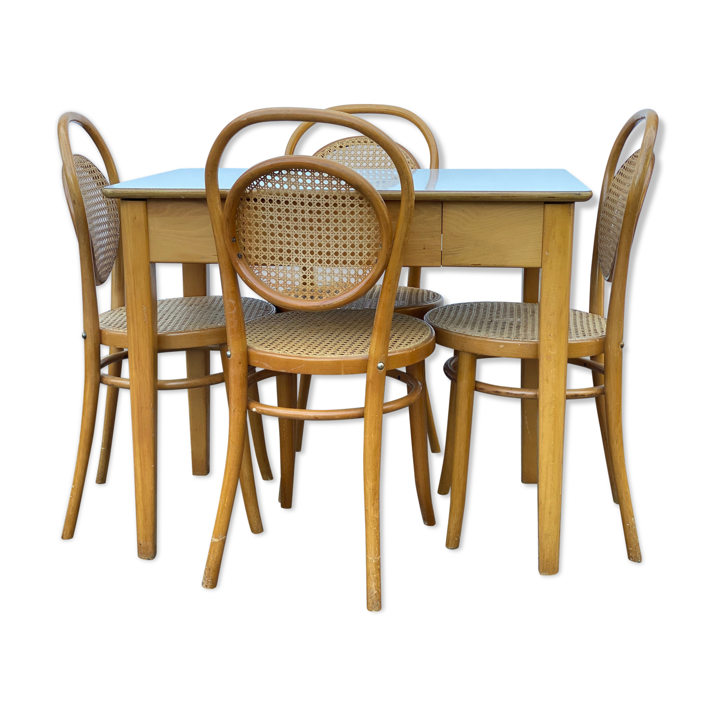 4 vintage bentwood dining chairs and pine laminate 1950’s table