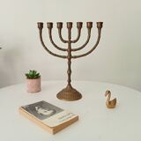 Vintage Hebrew Menorah Candlestick in Solid Brass from the 50s