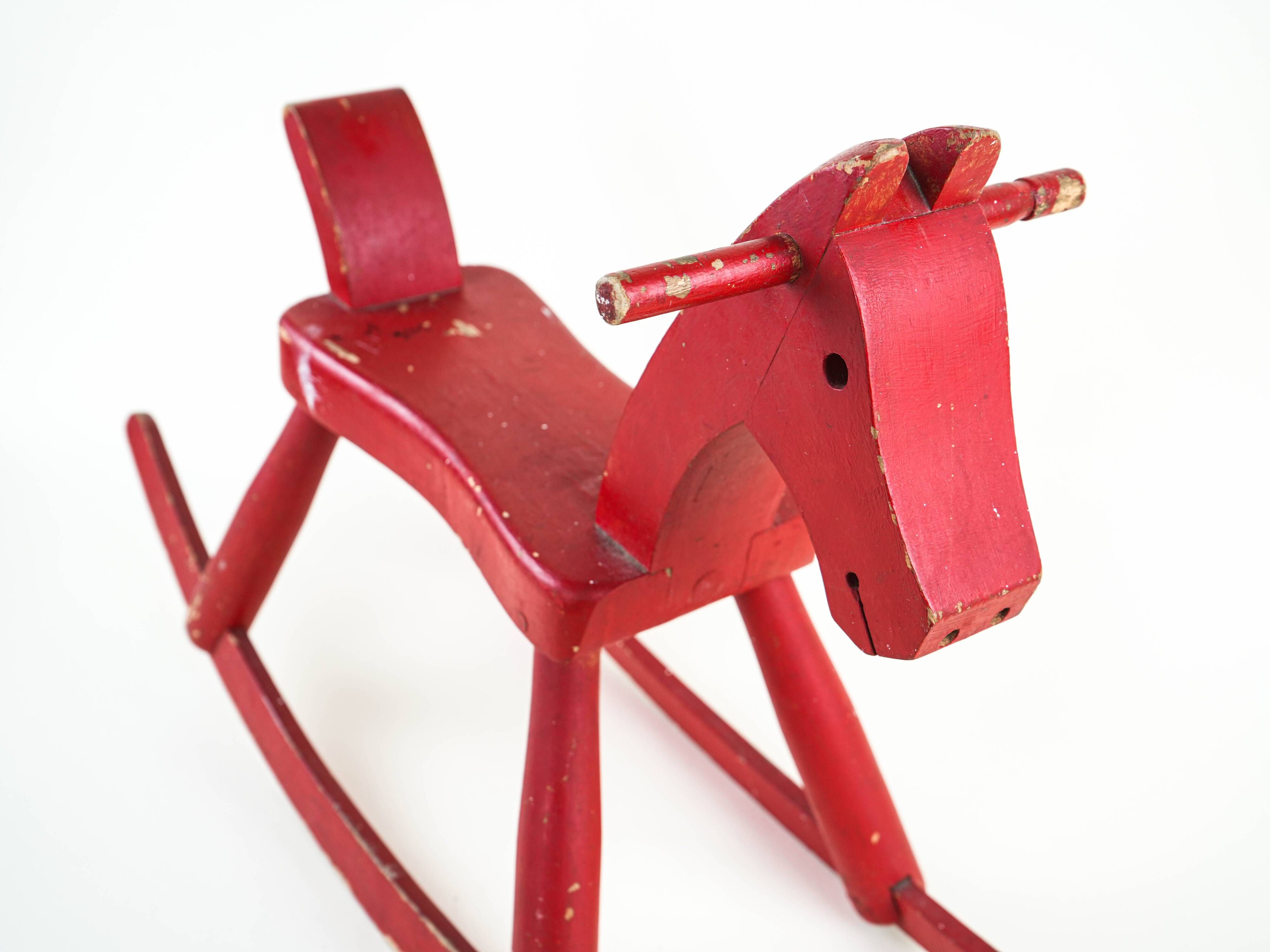 Kay Bojesen wooden rocking horse, red finish, Danish design, 1970s