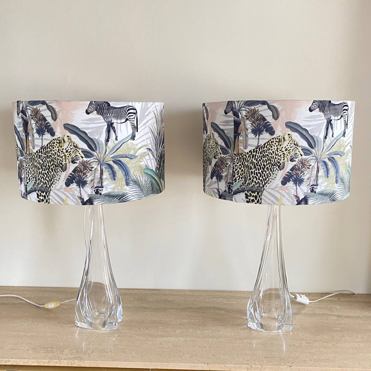 Pair large clear crystal val saint lambert table lamps - belgium 1950's