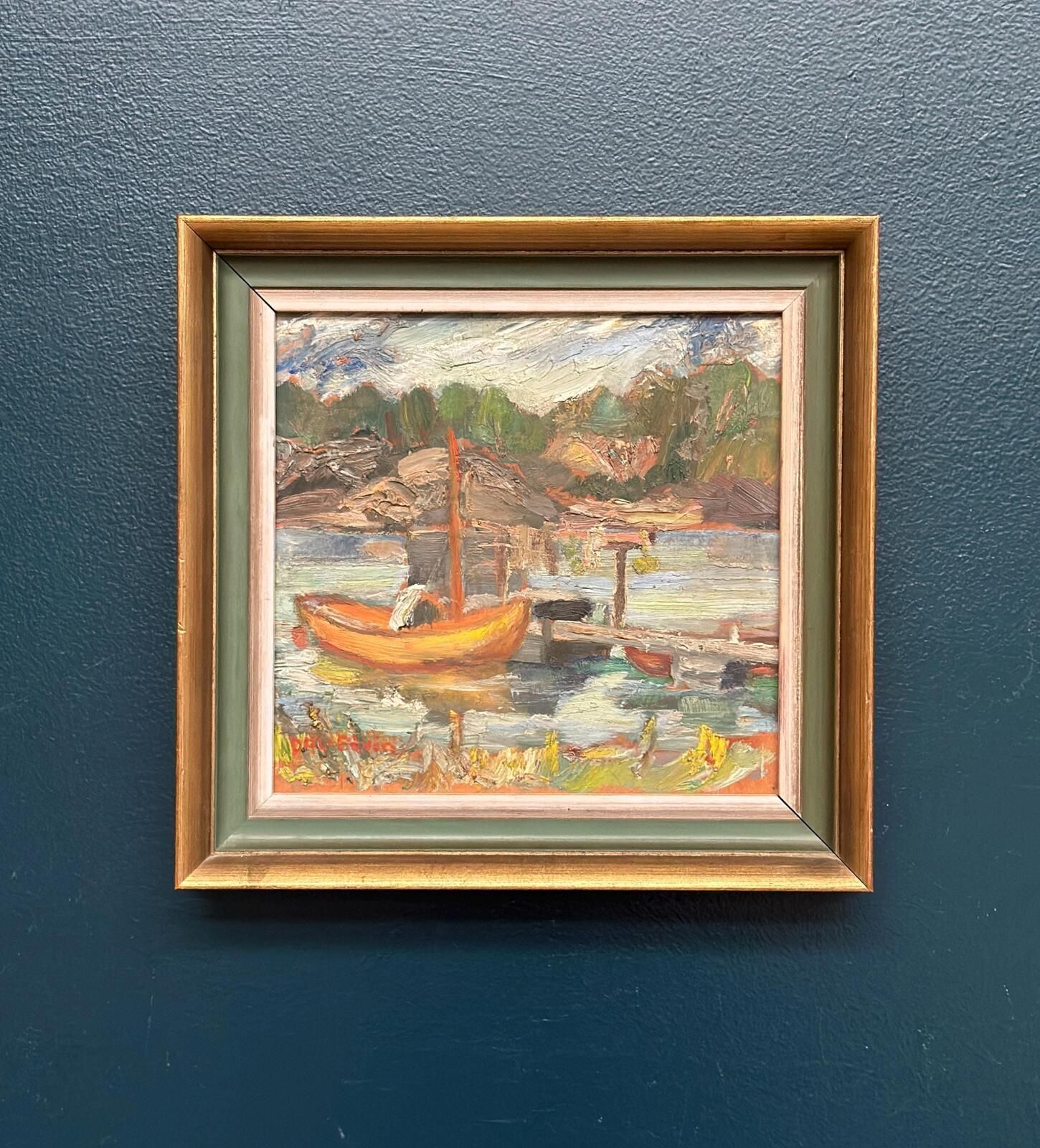 Original Swedish Oil On Panel – “Dock” By Dal‑Edvin – Signed – Vintage & Framed – 31 × 30 Cm (12.2" × 11.8")